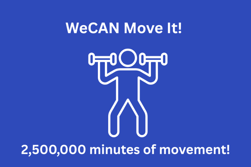 Simple figure of person holding a weight in each hand. We CAN Move It! 2,500,000 minutes of movement!